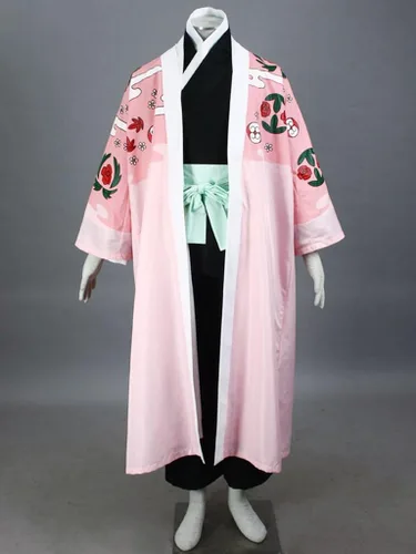 Vista 4 de ZNZXYCOS Disfraz de cosplay de Kyoraku Shunsui Captain para hombre, color rosa y negro, kimono para Halloween