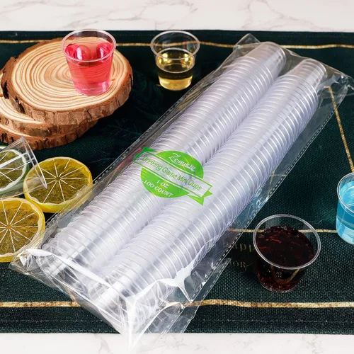 Vista 3 de Zcaukya 100 vasos de chupito, vasos duros desechables de plástico transparente de 1 oz, mini tazas, gran recipiente para salsa, degustación
