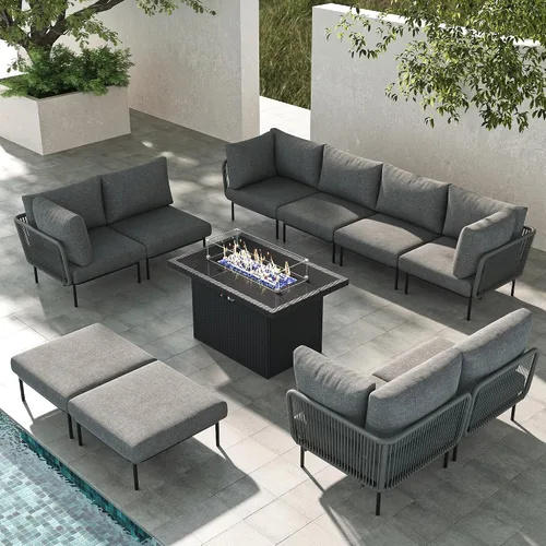 Vista 31 de LayinSun Juego de muebles de patio de aluminio de 7 piezas, sofá modular moderno con mesa auxiliar y cojín de grosor mejorado Gris claro