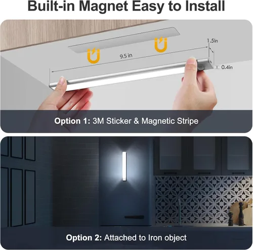 Vista 5 de BLS Luces para debajo del gabinete, 46 luces LED a batería con sensor de movimiento para interiores, luces de armario recargables USB C con sensor