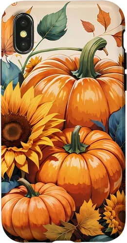 Vista 4 de iPhone 14 Bonito arte de otoño, calabazas, girasoles y hojas de otoño