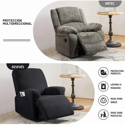 Vista 3 de KinCam Fundas para Reclinables, Fundas Elásticas para Sillas Reclinables, Fundas para Sofá Reclinable con Rayas Jacquard, Fundas Protectoras de Negro
