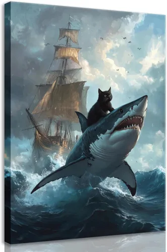Vista 9 de Marco negro de dibujos animados lindo gato negro arte de pared retro gato negro contra tiburón, divertido póster con impresión de gato extravagante