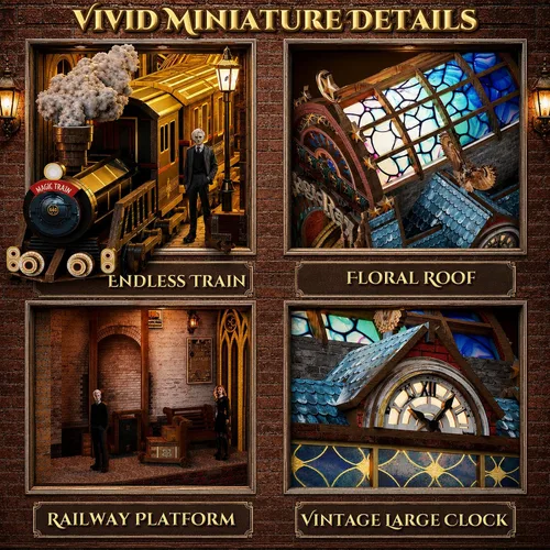 Vista 4 de Rompecabezas de madera 3D, kit de rincón de libro, estación de tren mágico with LED Lights & Music, Miniature Wood Puzzle Kits Bookshelf Decor