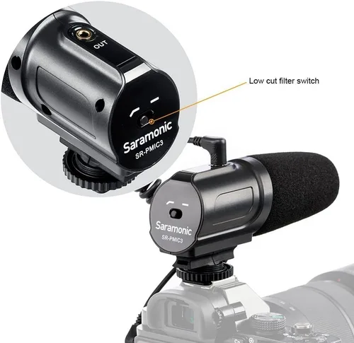 Vista 3 de Saramonic Micrófono de grabación envolvente SR-PMIC3 con montaje de choque integrado, filtro de corte bajo y funcionamiento sin batería para cámaras