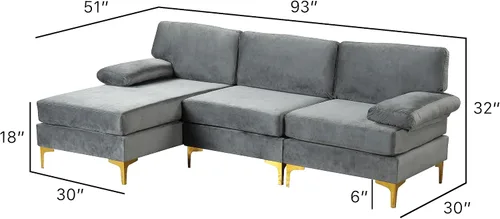 Vista 2 de Sofá modular moderno en forma de L, con diván extra ancho y patas doradas Gris