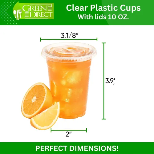 Vista 2 de Green Direct Vasos de plástico ultra transparentes con tapas planas para café helado, batido de té Boba (100, 10 onzas)