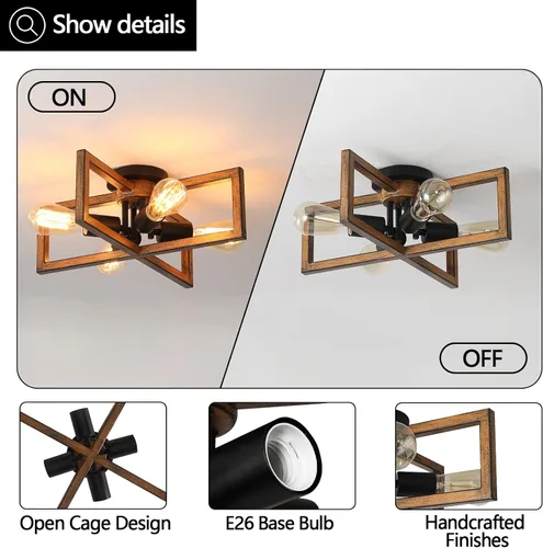 Vista 2 de KEESFU Lámpara de techo retro semiempotrada de 4 luces, con acabado de grano de madera de granja, iluminación rústica para dormitorio, sala