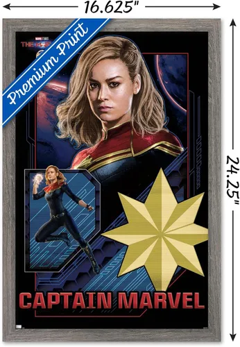 Vista 3 de Trends International Marvel The Marvels - Póster de pared de Capitán Marvel, 14.72 x 22.37 pulgadas, versión enmarcada de madera de granero