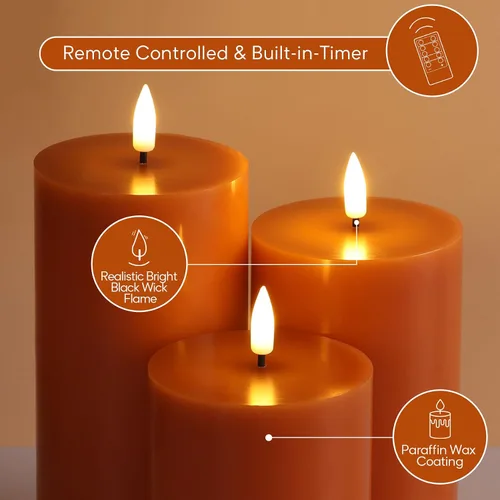 Vista 4 de Juego de 3 velas de pilar sin llama con control remoto, color naranja quemado para Halloween Velas LED parpadeantes de cera, decoraciones