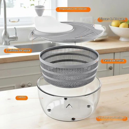 Vista 5 de HomeHacks Centrifugadora de Ensalada Grande, Centrifugadora de Lechuga Grande, Limpiador de Frutas Grande con Orificios de Drenaje Dobles, 5