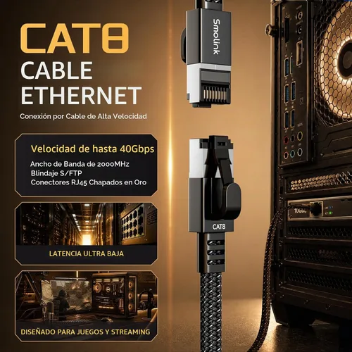 Vista 2 de Cable Ethernet Smolink de 1.5 pies, cable de red de alta velocidad Cat 8 de 40 Gbps, 2000 MHz, cable LAN SFTP RJ45 blindado de alta resistencia
