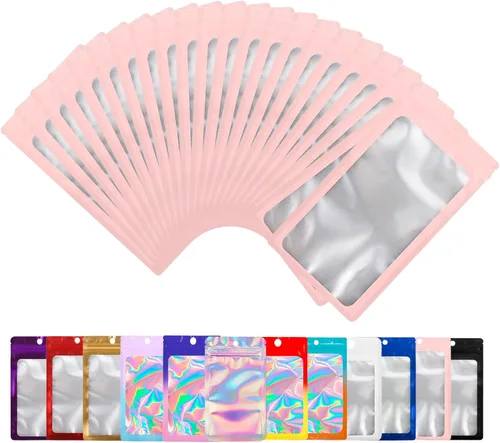Vista 9 de Paquete de 100 bolsas de Mylar con ventana transparente, bolsas de almacenamiento de alimentos, a prueba de olores, embalaje de mano resistente a