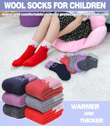 Vista 6 de MQELONG Calcetines de lana para niños y niñas de invierno, calcetines gruesos y acogedores tipo crew para senderismo y botas, 6 pares
