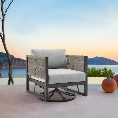 Vista 2 de Cuffay - Silla giratoria para patio al aire libre en aluminio negro con cojines grises