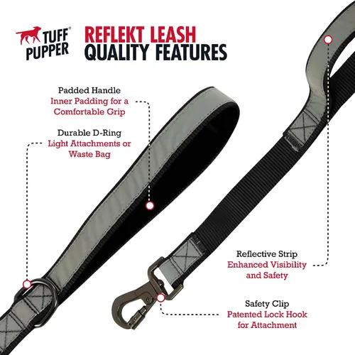 Vista 4 de Tuff Pupper Correa reflectante extrema para perros, resistente de doble asa para sostener perros fuertes, refleja para paseos nocturnos seguros