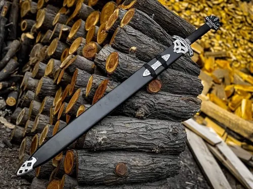 Vista 7 de Espada de acero de Damasco hecha a mano, estilo vikingo, hoja de espiga completa con mango de madera y vaina, réplica medieval coleccionable, regalo