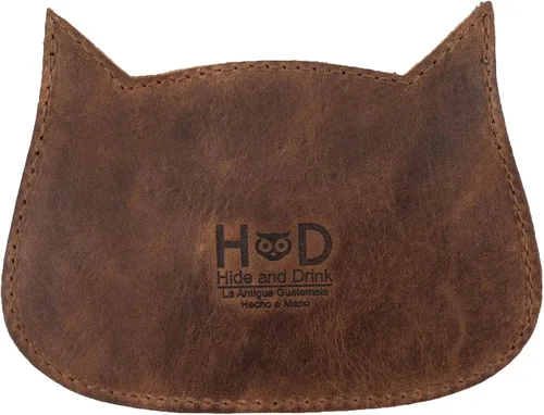 Vista 2 de Hide & Drink, Cartera con forma de gato hecha a mano de cuero de grano completo, Bourbon Marrón, Vintage
