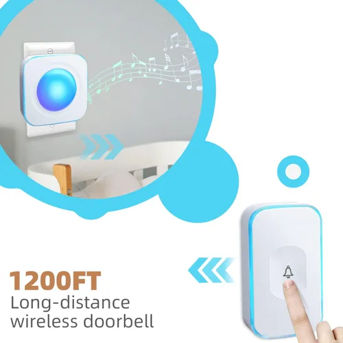 Vista 2 de Timbre inalámbrico enchufable FUHONGRUI de 1200 pies, timbre inalámbrico con batería, botón de timbre con luz intermitente, 36 melodías, 4 niveles