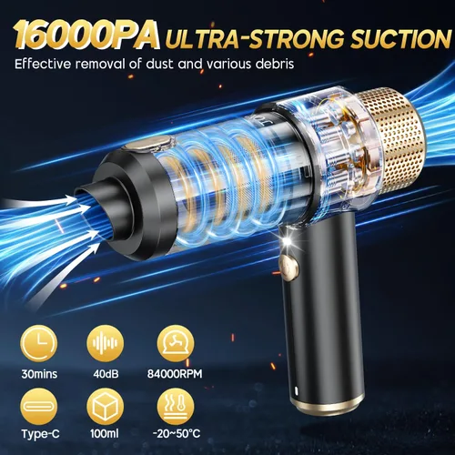 Vista 3 de JONYJ Aspiradora de Mano para Automóvil, 16000PA Aspiradora de Mano Portátil Inalámbrica, 2 en 1 Soplador de Aire y Aspiradora con Luz LED, Negro