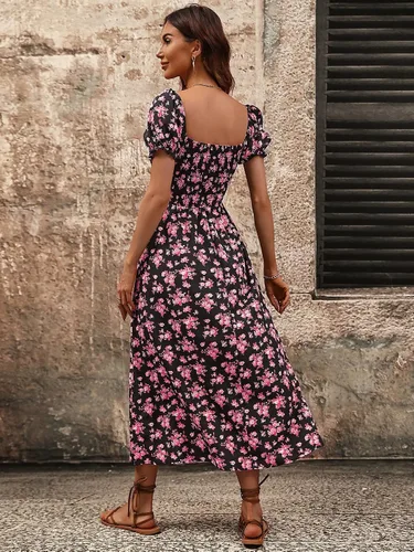 Vista 2 de SOLY HUX Vestido midi floral bohemio con hombros descubiertos para mujer, con abertura en el muslo, manga corta, con vuelo