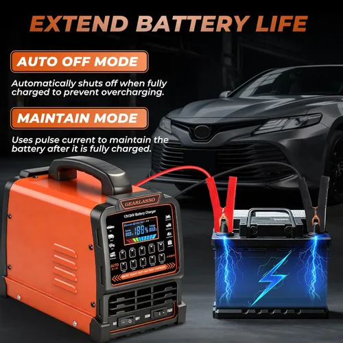 Vista 5 de Cargador de batería de coche de 12 V 24 V resistente, mantenedor de batería automático de 0-15 A con apagado automático, 10 modos de carga