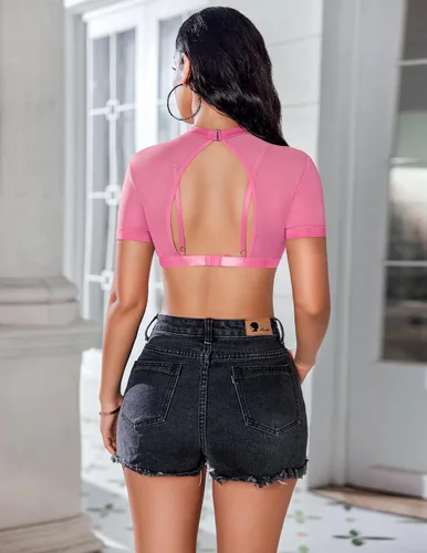 Vista 3 de Avidlove Top de malla para mujer, sexy, transparente, de manga corta, con brasier