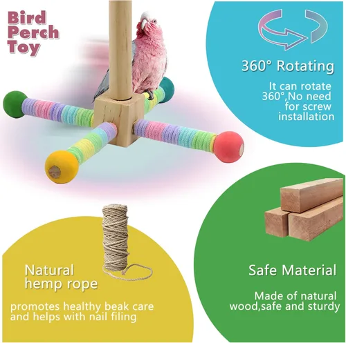 Vista 12 de Juguete de perca para loros mejorado, soporte giratorio de perca para pájaros con juguete de bola masticable para pájaros pequeños y medianos