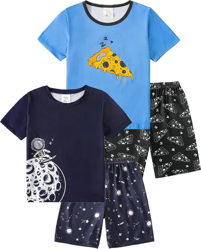 Vista 12 de MyFav - Pijamas para niños grandes de 2 piezas, pantalones cortos, lindos dibujos animados, ropa de dormir 4 piezas Alien
