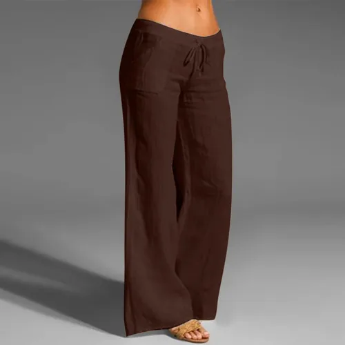 Vista 2 de FUMOOD Pantalón bohemio de lino para mujer, talla pequeña a grande, ligero, cintura alta, pierna ancha, pantalones de yoga, pantalones de gasa