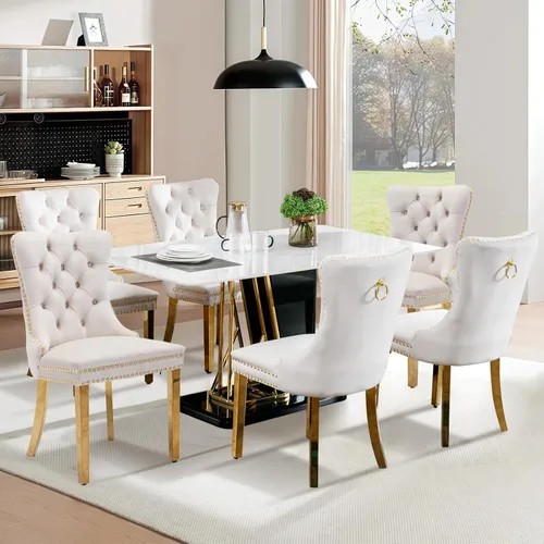 Vista 12 de Juego de 2 sillas de comedor tapizadas de tela de lino, sillas de cocina modernas de mediados de siglo con respaldo alto, ribete de cabeza de clavo