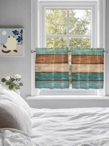 Vista 4 de Juego de 2 paneles de cortina de ventana turquesa turquesa retro de 24 pulgadas de largo, cortinas de cocina con bolsillo para barra, cortinas