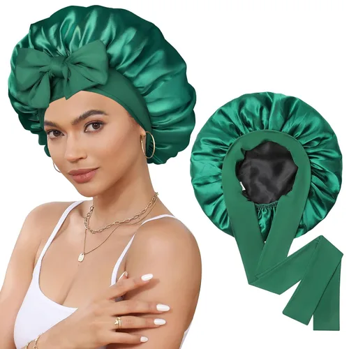Vista 12 de Gorro de satén de seda para dormir, gorro de seda de doble capa con banda elástica para cabello rizado