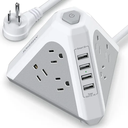 Vista 8 de NVEESHOX - Regleta de alimentación con protector de sobretensiones en torre, 9 salidas de CA con 4 puertos USB (1 USB C), enchufes triangulares de 3