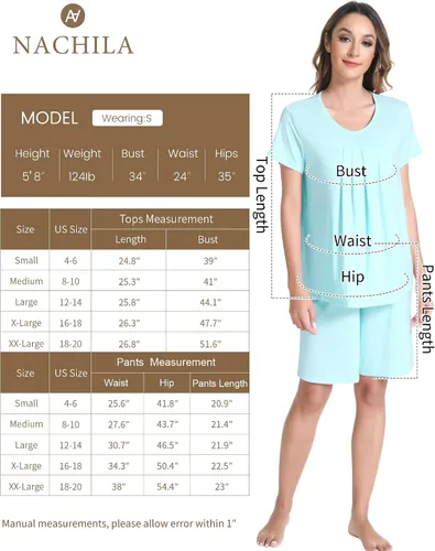 Vista 2 de NACHILA Pijama para mujer de viscosa hecha de bambú, conjunto de pijama de manga corta con cuello redondo, pijama plisado, parte superior suave
