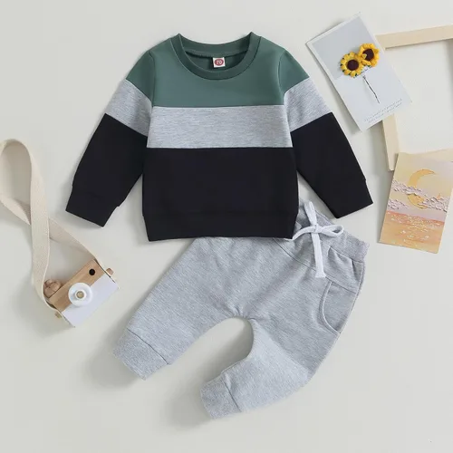 Vista 46 de Conjunto de 2 piezas de ropa para bebé y niño, sudadera con cuello redondo con letras y pantalones casuales de otoño e invierno B Negro-marrón