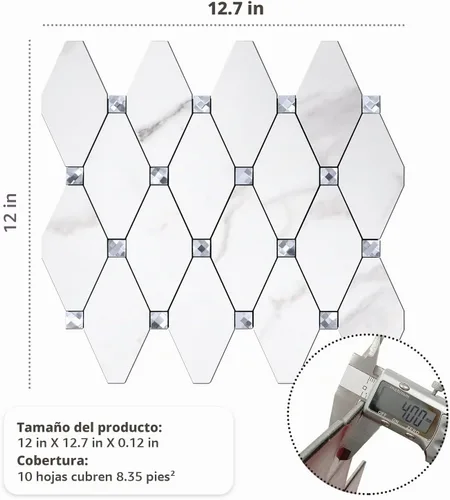 Vista 6 de STICKGOO 1 hoja de salpicaduras de pared para despegar y pegar, adhesivos de azulejos compuestos de aluminio Calacatta, salpicaduras autoadhesivas
