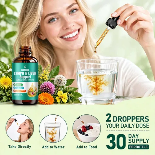 Vista 6 de Gotas de drenaje linfático 25 en 1 para mujeres y hombres, apoyo hepático e inmunológico, 2 fl oz