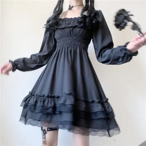 Vista 2 de Vestido gótico negro para mujer, manga larga, vintage, steampunk, drapeado, bodycon, Negro