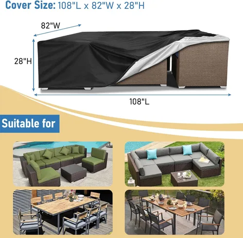 Vista 2 de AKEfit Fundas para Muebles de Patio, 500D Impermeable de Servicio Pesado para Mesa de Patio Cuadrada y Rectangular para Exteriores y Fundas de Negro