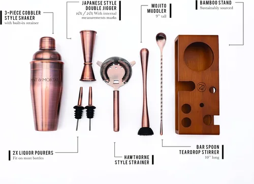 Vista 5 de Mint & Mortar Coctelera, kit de barman de 7 piezas con soporte, botella coctelera de Martini de 24 onzas, herramientas de barra de acero inoxidable