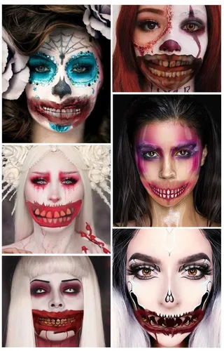 Vista 3 de Calcomanías de tatuaje de Halloween, 10 estilos de broma de Halloween, tatuaje temporal, tatuaje de payaso de terror, boca, cara, tatuaje