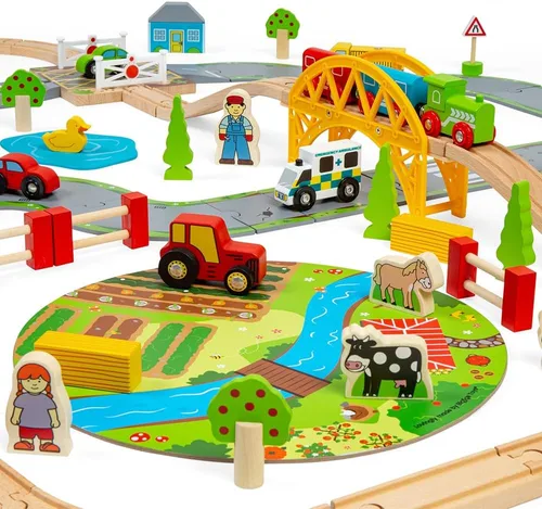 Vista 3 de Bigjigs Rail Juego de tren de madera de 80 piezas para carretera rural y ferrocarril, juego de tren para niños con 80 accesorios de tren Bigjigs