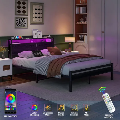 Vista 5 de BOFENG Base de cama Queen con cabecera de almacenamiento, marco de cama de plataforma de metal tamaño Queen con luces LED, estación de carga,