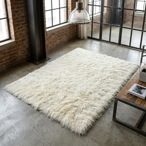 Vista 8 de Elegantes alfombras griegas flokati. Pelo suave y esponjoso de 3 pulgadas. 100% lana natural. Alfombra moderna de color blanco roto lanudo