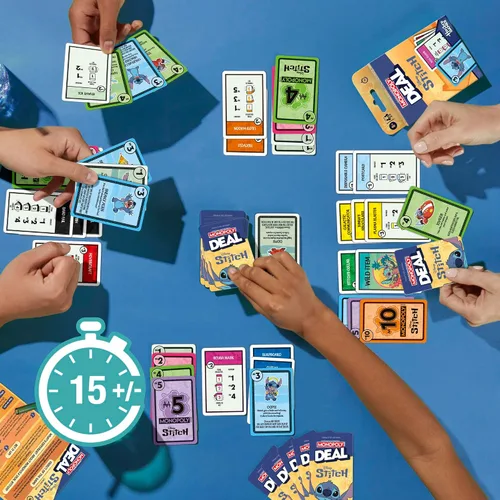Vista 3 de Monopoly Deal: Edición Disney Stitch - Juego de cartas Basado en Lilo & Stitch de Disney Juegos de Disney para niños oficialmente licenciados