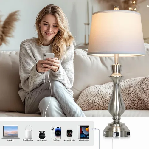 Vista 3 de Moderna lámpara de mesa plateada para sala de estar, lámpara de noche de 30 pulgadas de alto con puerto de carga USB, lámpara de mesita de noche