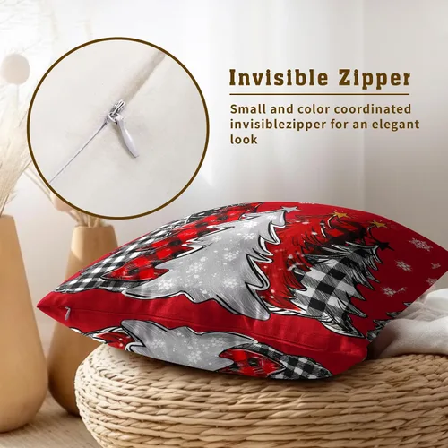 Vista 4 de Funda de almohada de Navidad 40.6 x 40.6 cm Árbol de Navidad rojo Funda de almohada de invierno Copo de nieve decorativo Juego de 2 fundas