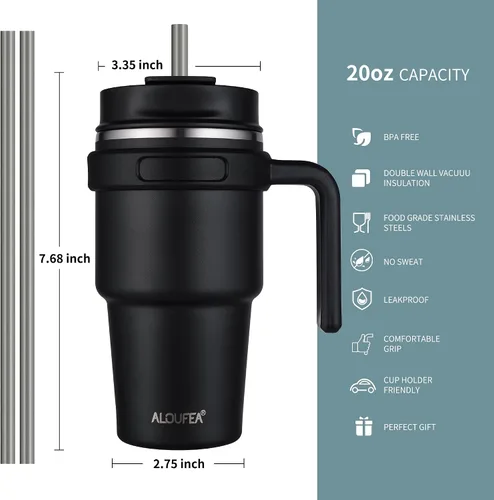 Vista 2 de Taza de café aislada de 20 onzas con asa, vaso de viaje de acero inoxidable con tapa y popote, taza térmica de doble pared al vacío a prueba de Negro