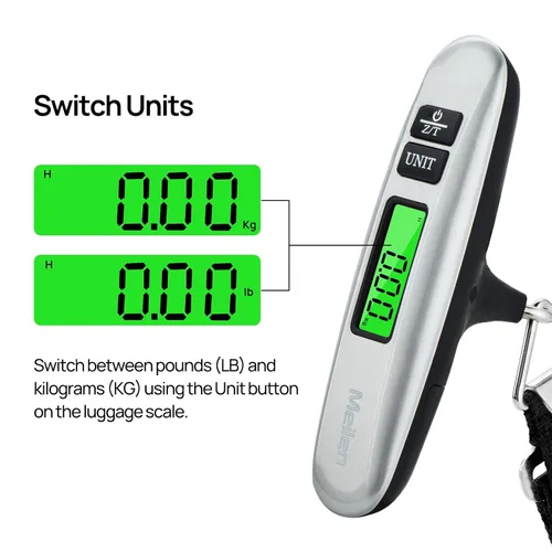 Vista 5 de Meilen - Báscula de equipaje digital para viajes con pantalla LCD retroiluminada, báscula portátil para maleta con capacidad de 110 libras 110.2